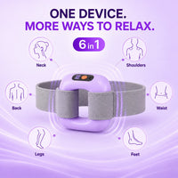 Lilac fascia massager with its six zones: neck, shoulders, back, waist, legs and feet