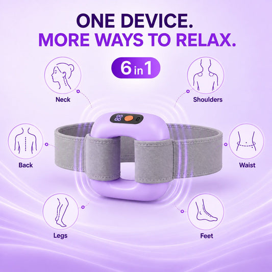 Lilac fascia massager with its six zones: neck, shoulders, back, waist, legs and feet