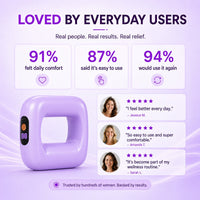 Lilac fascia massager beside satisfaction figures and short customer quotes